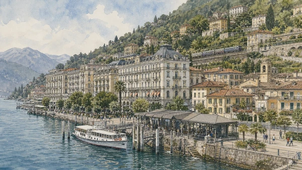 Lake Maggiore, Lake Orta and the Sacri Monti: Complete Guide 2 Original documentary watercolour of Stresa: rail-and-lake gateway of the grand-tour shore in Lake Maggiore, Lake Orta and the Sacri Monti · Piedmont, showing accurate architecture, landscape, people and present-day use