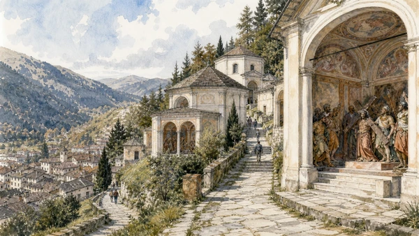 Lake Maggiore, Lake Orta and the Sacri Monti: Complete Guide 11 Original documentary watercolour of Varallo's Sacro Monte: a New Jerusalem in Valsesia in Lake Maggiore, Lake Orta and the Sacri Monti · Piedmont, showing accurate architecture, landscape, people and present-day use