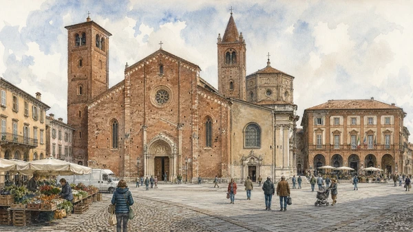Original documentary watercolour of Alba Cathedral and Piazza Risorgimento: sacred and civic centre in Langhe, Roero and Alba · Piedmont, showing accurate architecture, landscape, people and present-day use