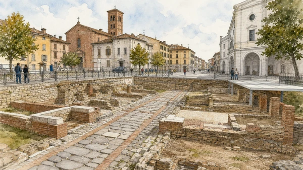 Original documentary watercolour of Alba Pompeia: the Roman town beneath modern streets in Langhe, Roero and Alba · Piedmont, showing accurate architecture, landscape, people and present-day use