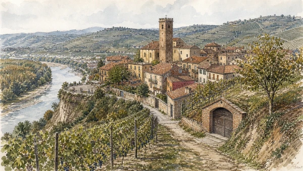 Original documentary watercolour of Barbaresco hills: a separate landscape and market town in Langhe, Roero and Alba · Piedmont, showing accurate architecture, landscape, people and present-day use