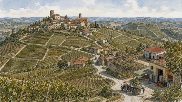 Original documentary watercolour of The Langa of Barolo: villages within a regulated vineyard system in Langhe, Roero and Alba · Piedmont, showing accurate architecture, landscape, people and present-day use