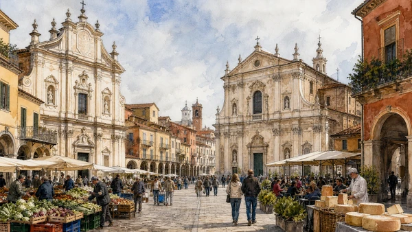 Original documentary watercolour of Bra: Baroque town, market institutions and food culture in Langhe, Roero and Alba · Piedmont, showing accurate architecture, landscape, people and present-day use