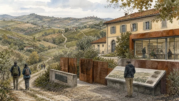 Original documentary watercolour of Fenoglio and the resistance landscape: literature anchored to difficult history in Langhe, Roero and Alba · Piedmont, showing accurate architecture, landscape, people and present-day use