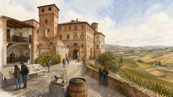 Original documentary watercolour of Grinzane Cavour Castle: government, agriculture and UNESCO landscape in Langhe, Roero and Alba · Piedmont, showing accurate architecture, landscape, people and present-day use