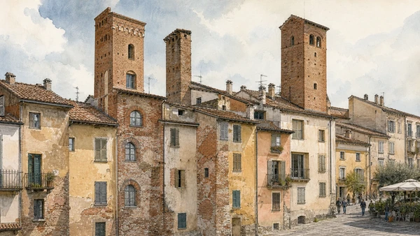 Original documentary watercolour of Alba's towers: fragments of communal competition in Langhe, Roero and Alba · Piedmont, showing accurate architecture, landscape, people and present-day use