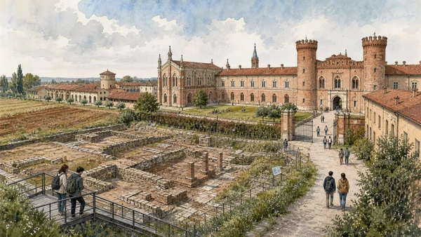 Original documentary watercolour of Pollenzo: Roman site, Savoy estate and contemporary university in Langhe, Roero and Alba · Piedmont, showing accurate architecture, landscape, people and present-day use