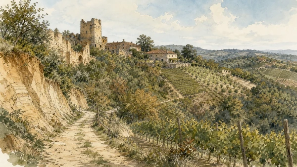Original documentary watercolour of Roero: sandy hills, woods and mixed cultivation in Langhe, Roero and Alba · Piedmont, showing accurate architecture, landscape, people and present-day use