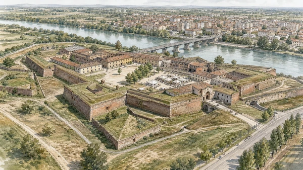 Original documentary watercolour of Alessandria Citadel: star fortress between city and Tanaro in Monferrato, Asti and Alessandria · Piedmont, showing accurate architecture, landscape, people and present-day use