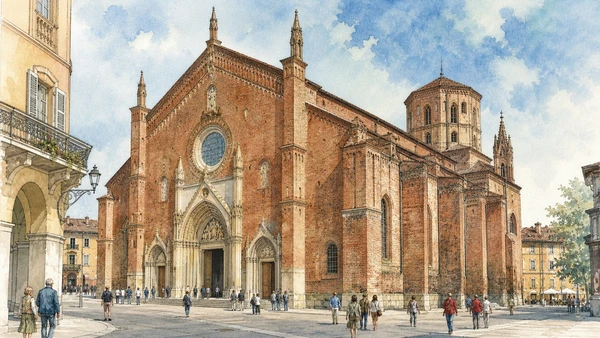 Original documentary watercolour of Asti Cathedral: Gothic scale and layered worship in Monferrato, Asti and Alessandria · Piedmont, showing accurate architecture, landscape, people and present-day use