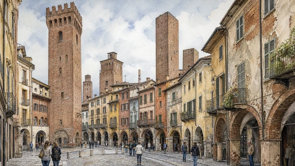 Original documentary watercolour of Asti's towers and medieval street system in Monferrato, Asti and Alessandria · Piedmont, showing accurate architecture, landscape, people and present-day use