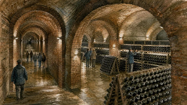 Original documentary watercolour of Canelli's underground cathedrals: industrial wine architecture in Monferrato, Asti and Alessandria · Piedmont, showing accurate architecture, landscape, people and present-day use
