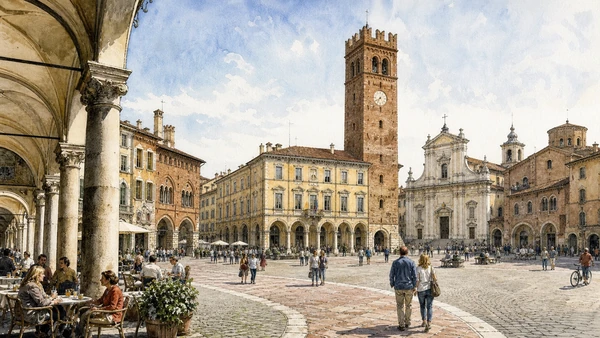 Original documentary watercolour of Casale Monferrato: marquisate and ducal capital in Monferrato, Asti and Alessandria · Piedmont, showing accurate architecture, landscape, people and present-day use