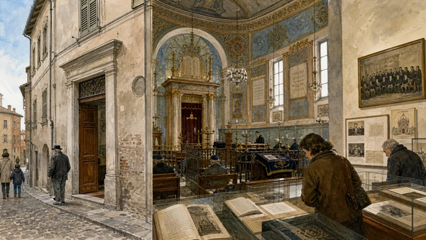 Original documentary watercolour of Casale Synagogue: community, emancipation and preservation in Monferrato, Asti and Alessandria · Piedmont, showing accurate architecture, landscape, people and present-day use