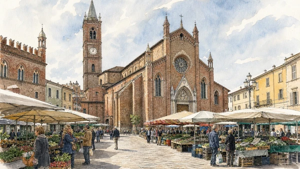 Original documentary watercolour of San Secondo and the civic square: patron saint, commune and market in Monferrato, Asti and Alessandria · Piedmont, showing accurate architecture, landscape, people and present-day use