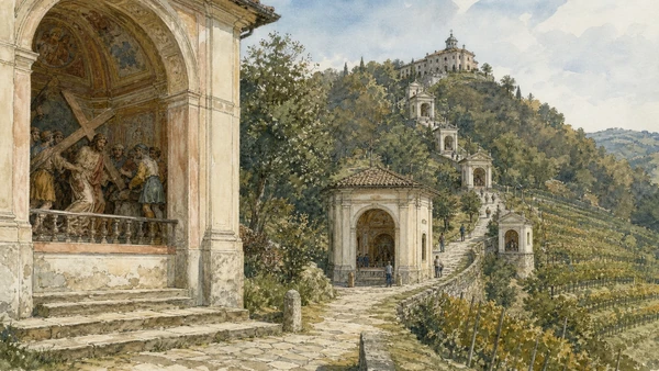 Original documentary watercolour of Sacro Monte di Crea: chapels in an inhabited hill sanctuary in Monferrato, Asti and Alessandria · Piedmont, showing accurate architecture, landscape, people and present-day use