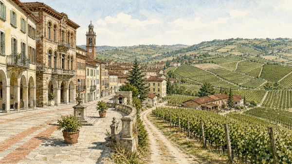 Original documentary watercolour of Nizza Monferrato and Barbera hills: town within production landscape in Monferrato, Asti and Alessandria · Piedmont, showing accurate architecture, landscape, people and present-day use