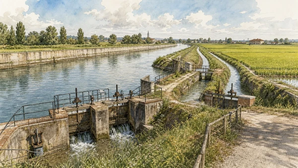 Original documentary watercolour of Cavour Canal: infrastructure that reorganised the plain in Novara, Vercelli and the rice plain · Piedmont, showing accurate architecture, landscape, people and present-day use
