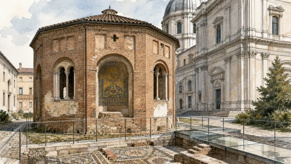 Original documentary watercolour of Novara Baptistery: early Christian geometry beside later architecture in Novara, Vercelli and the rice plain · Piedmont, showing accurate architecture, landscape, people and present-day use