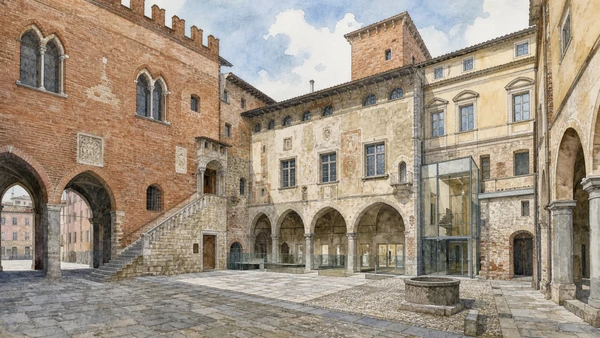Original documentary watercolour of Novara Broletto: civic buildings around a shared court in Novara, Vercelli and the rice plain · Piedmont, showing accurate architecture, landscape, people and present-day use
