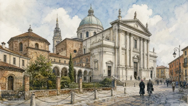 Original documentary watercolour of Novara Cathedral: neoclassical rebuilding over an older sacred centre in Novara, Vercelli and the rice plain · Piedmont, showing accurate architecture, landscape, people and present-day use
