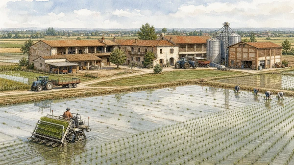 Original documentary watercolour of Rice fields and cascine: production, residence and labour in Novara, Vercelli and the rice plain · Piedmont, showing accurate architecture, landscape, people and present-day use