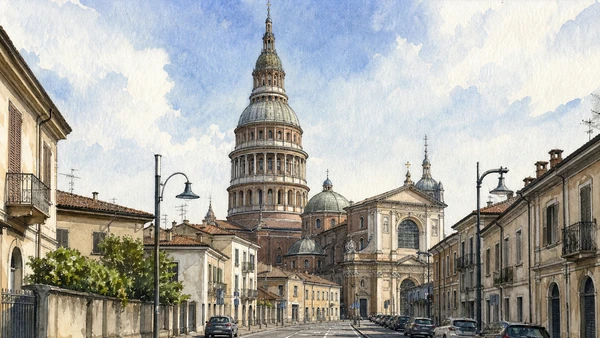 Original documentary watercolour of San Gaudenzio and Antonelli's dome: parish, engineering and skyline in Novara, Vercelli and the rice plain · Piedmont, showing accurate architecture, landscape, people and present-day use
