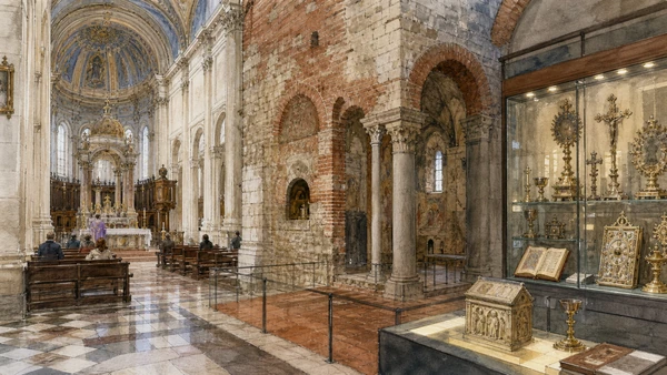 Original documentary watercolour of Vercelli Cathedral and the cathedral treasury in Novara, Vercelli and the rice plain · Piedmont, showing accurate architecture, landscape, people and present-day use