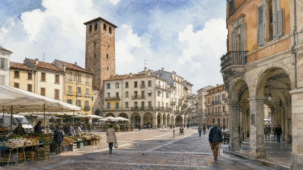 Original documentary watercolour of Vercelli's civic centre: towers, piazzas and market routes in Novara, Vercelli and the rice plain · Piedmont, showing accurate architecture, landscape, people and present-day use
