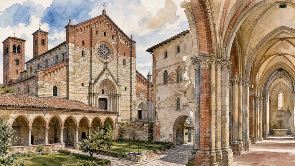 Original documentary watercolour of Sant'Andrea at Vercelli: Gothic experiment on a pilgrimage route in Novara, Vercelli and the rice plain · Piedmont, showing accurate architecture, landscape, people and present-day use