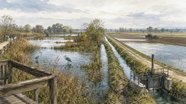 Original documentary watercolour of Wetlands, herons and agricultural water: ecology inside production in Novara, Vercelli and the rice plain · Piedmont, showing accurate architecture, landscape, people and present-day use