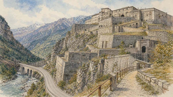 Original documentary watercolour of Exilles Fort: frontier architecture above the Dora in Val di Susa, Pinerolo and the Olympic valleys · Piedmont, showing accurate architecture, landscape, people and present-day use