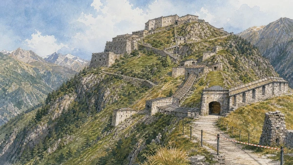 Original documentary watercolour of Fenestrelle Fort: a fortified mountain system, not one wall in Val di Susa, Pinerolo and the Olympic valleys · Piedmont, showing accurate architecture, landscape, people and present-day use