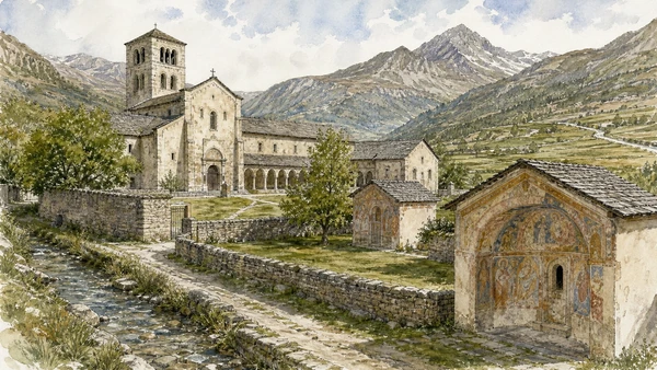 Original documentary watercolour of Novalesa Abbey: monastic route and painted chapels in Val di Susa, Pinerolo and the Olympic valleys · Piedmont, showing accurate architecture, landscape, people and present-day use