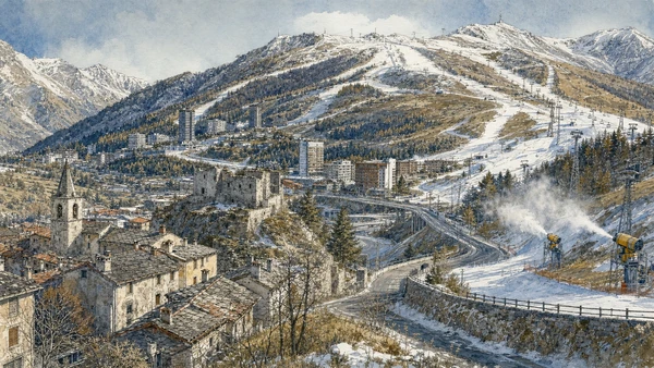 Original documentary watercolour of Bardonecchia, Sestriere and the Olympic valleys: sport infrastructure after 2006 in Val di Susa, Pinerolo and the Olympic valleys · Piedmont, showing accurate architecture, landscape, people and present-day use