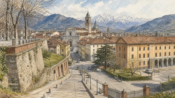 Original documentary watercolour of Pinerolo: fortress memory, cavalry city and valley market in Val di Susa, Pinerolo and the Olympic valleys · Piedmont, showing accurate architecture, landscape, people and present-day use