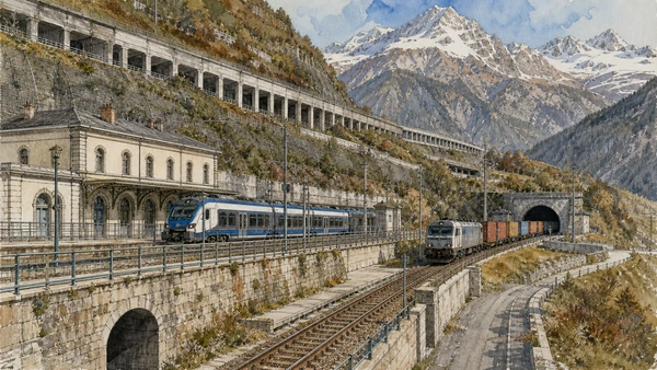 Original documentary watercolour of Frejus railway and pass infrastructure: engineering an international corridor in Val di Susa, Pinerolo and the Olympic valleys · Piedmont, showing accurate architecture, landscape, people and present-day use