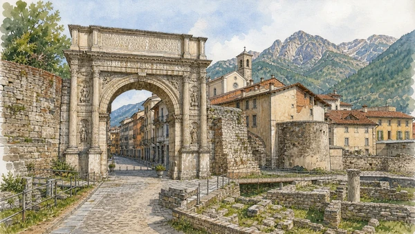 Original documentary watercolour of Roman Susa: arch, gate and Alpine administration in Val di Susa, Pinerolo and the Olympic valleys · Piedmont, showing accurate architecture, landscape, people and present-day use