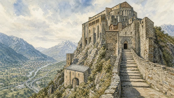 Original documentary watercolour of Sacra di San Michele: monastery on the valley threshold in Val di Susa, Pinerolo and the Olympic valleys · Piedmont, showing accurate architecture, landscape, people and present-day use