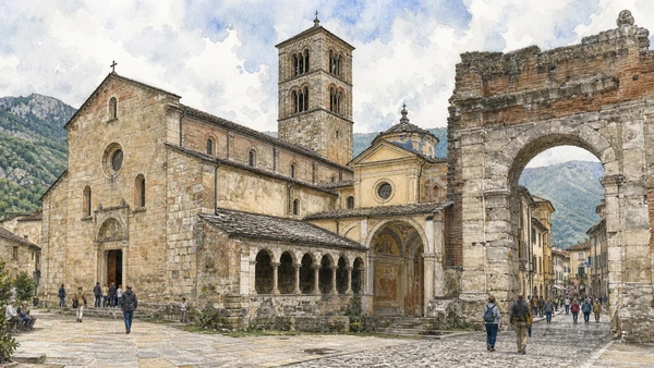 Original documentary watercolour of Susa Cathedral and medieval centre: worship beside the Roman gate in Val di Susa, Pinerolo and the Olympic valleys · Piedmont, showing accurate architecture, landscape, people and present-day use
