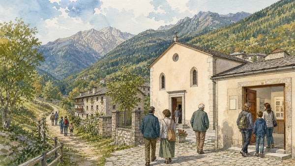 Original documentary watercolour of Waldensian valleys: religious dissent, persecution and return in Val di Susa, Pinerolo and the Olympic valleys · Piedmont, showing accurate architecture, landscape, people and present-day use