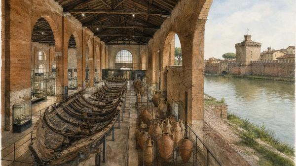 Original documentary watercolour of the Arsenali Medicei, conserved Roman ships and Cittadella