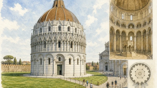 Original documentary watercolour of Pisa Baptistery exterior, interior and circular plan