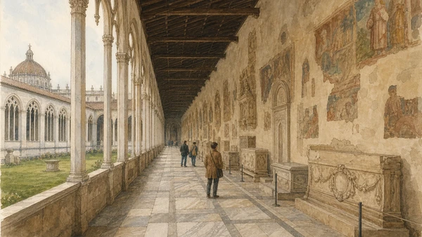 Original documentary watercolour of the Camposanto cloister, tombs and conserved fresco fragments