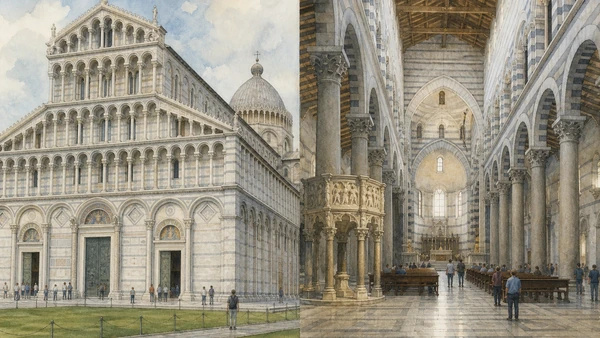 Original documentary watercolour of Pisa Cathedral exterior and interior