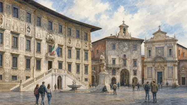 Original documentary watercolour of Piazza dei Cavalieri, Palazzo della Carovana and Palazzo dell'Orologio