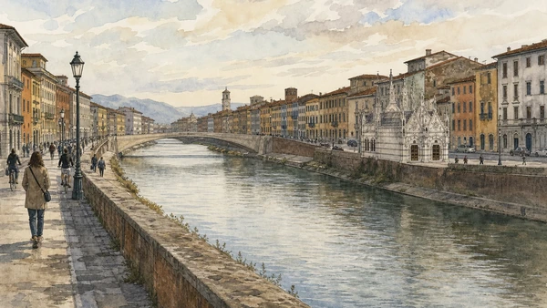 Original documentary watercolour of the Pisa Lungarni, Arno and Santa Maria della Spina