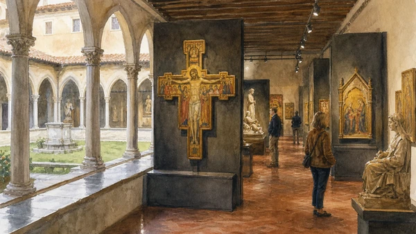 Original documentary watercolour of San Matteo cloister and medieval Pisan art galleries