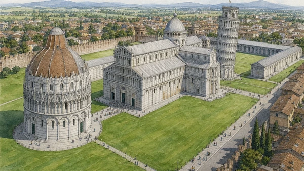 Original documentary watercolour aerial view of the complete Piazza del Duomo ensemble