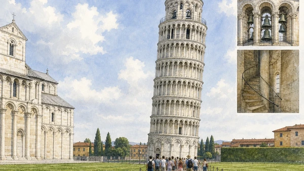 Original documentary watercolour of the Leaning Tower, bells, stairs and timed visitors
